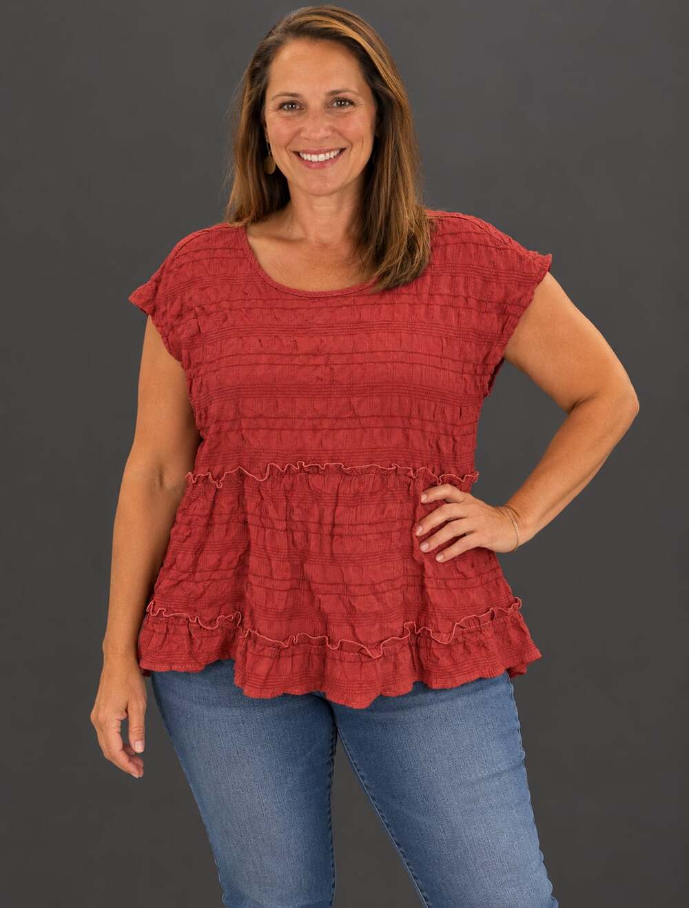 EMERY ROSE Textured Smocked Ruffle Hem Peplum Top